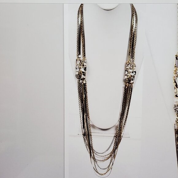 Bijou multi-strand necklace with gold & silver chains with glass stones - Picture 1 of 10
